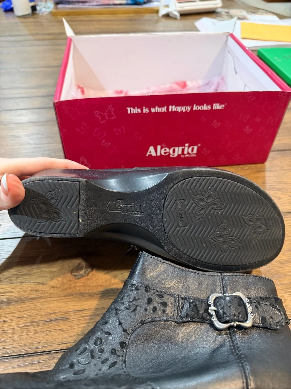 Alegria Black Floral Cutout Wedge Ankle Boots
